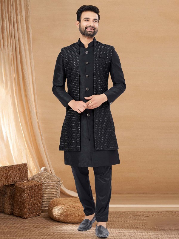 Black Art Silk Indo Western Readymade Indo Western Sherwani